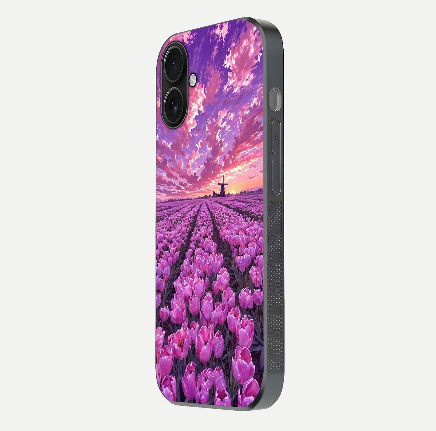 Lavender Dream Skies Glass Case for iPhone 16 side-angle image showing reflection depth and serene tones