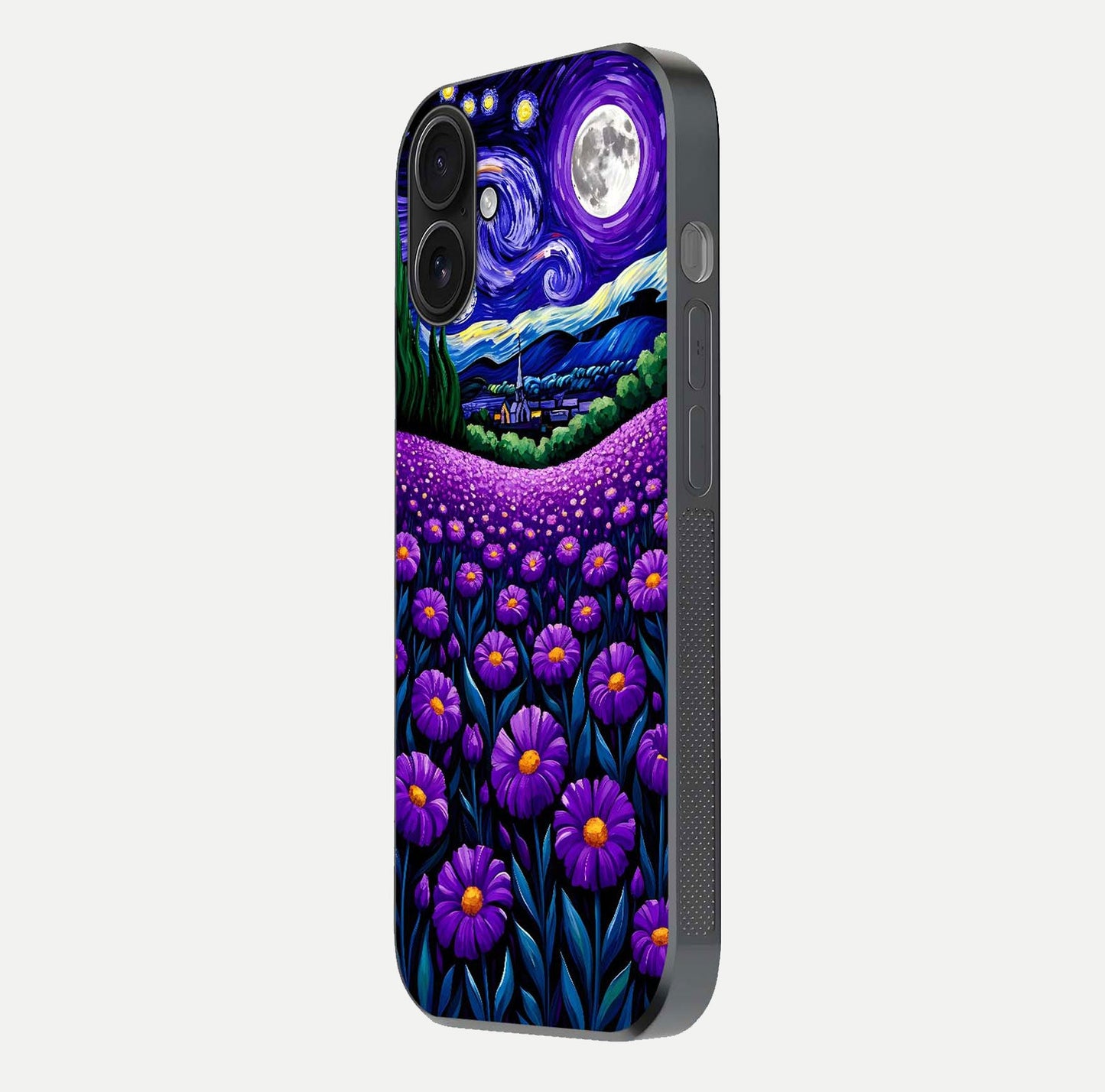 Lavender Moon Field Glass Case for iPhone 16 side-angle image showing HD reflection and moonlit lavender art