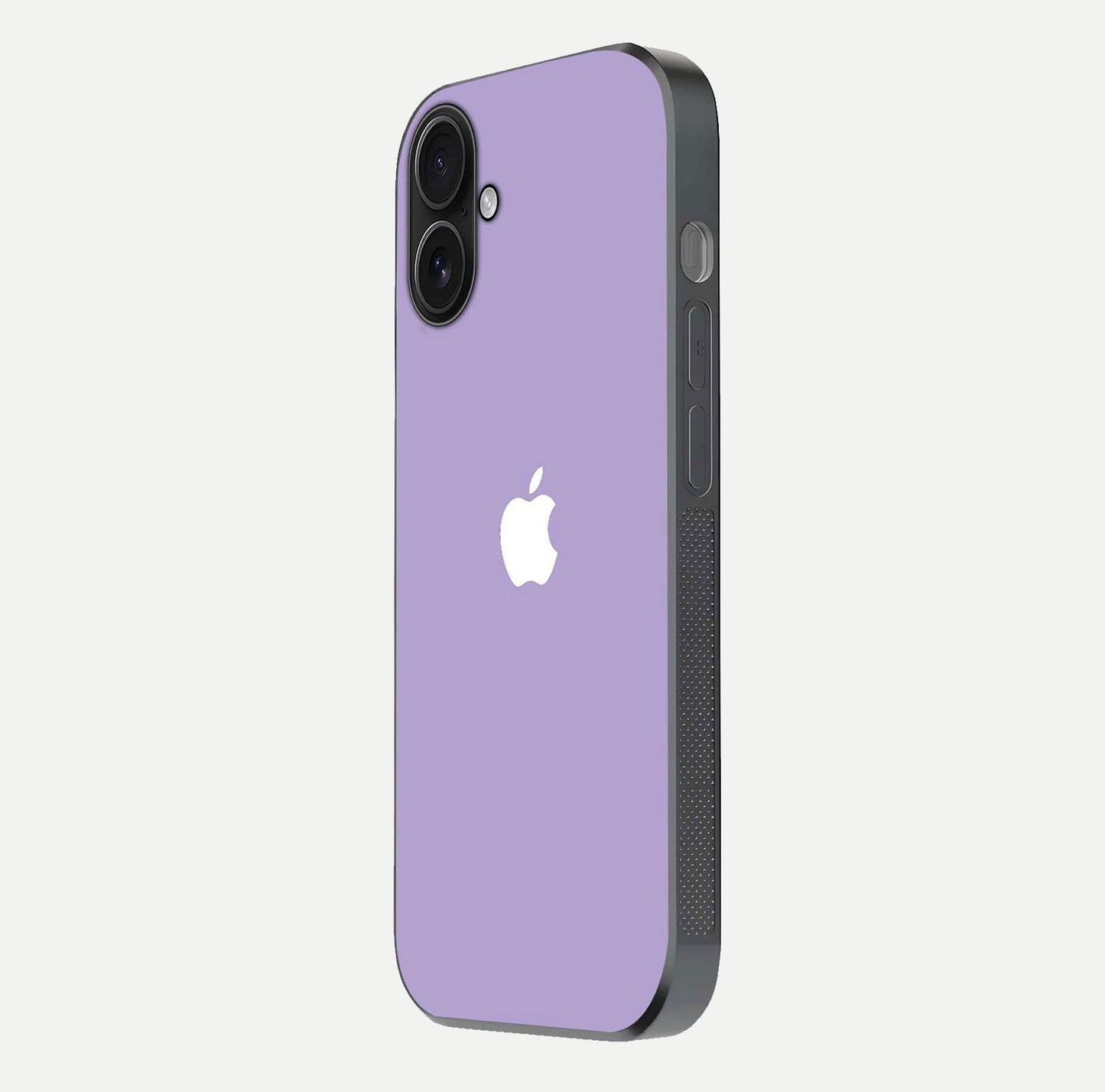 Lavender Soft Minimal Glass Case for iPhone 16 side-angle image showing smooth reflection and minimal look