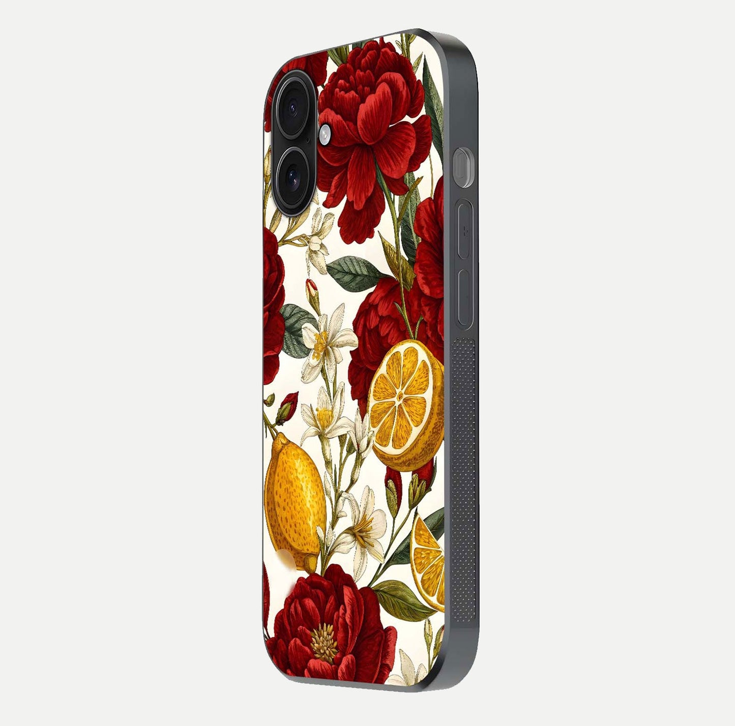 Lemon Rose Charm Glass Case for iPhone 16 side-angle image revealing reflection depth and vibrant flower art