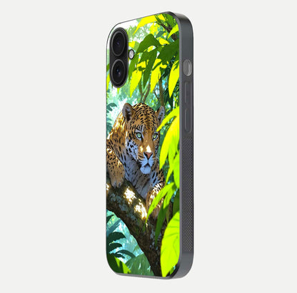 Leopard in Jungle Glass Case for iPhone 16 side-angle shot emphasizing contrast and fierce design clarity