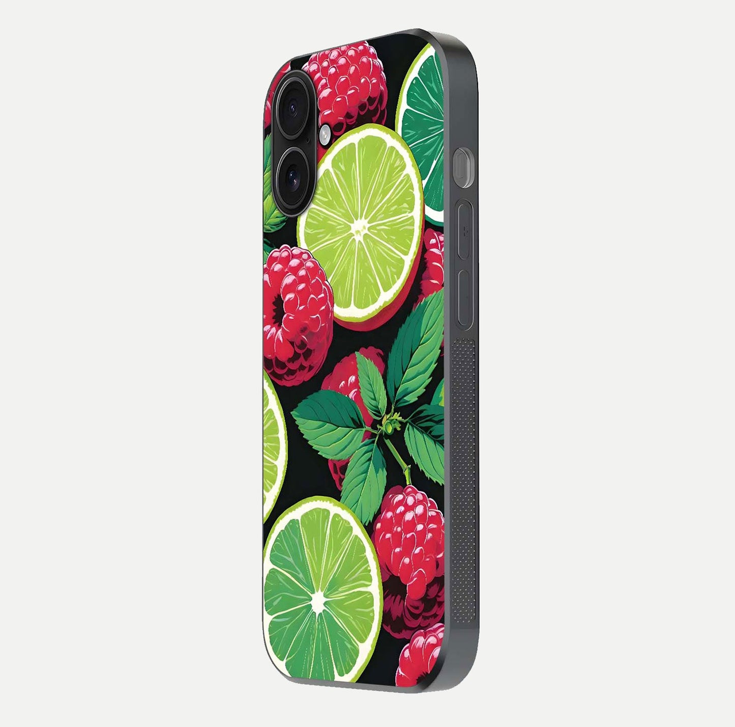 Lime and Raspberry Pattern Glass Case for iPhone 16 side-angle view revealing colorful fruit artwork details