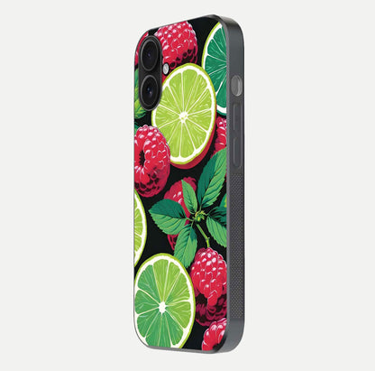 Lime and Raspberry Pattern Glass Case for iPhone 16 side-angle view revealing colorful fruit artwork details