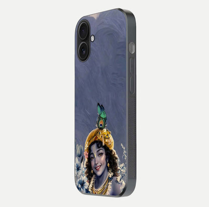 Lord Krishna Glass Case for iPhone 16 side-angle image emphasizing premium reflection and sacred motif