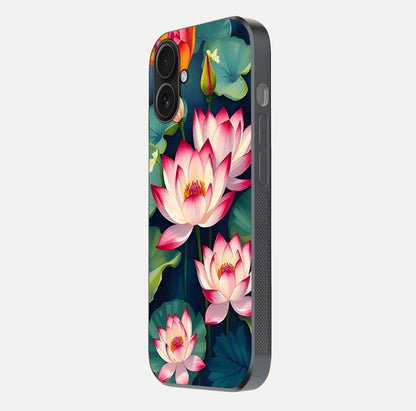 Lotus Dream Serenity Glass Case for iPhone 16 side-angle image revealing reflection clarity and calm tones