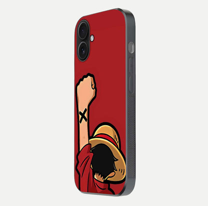 Luffy X Spirit Glass Case for iPhone 16 side-angle image highlighting reflection strength and anime print