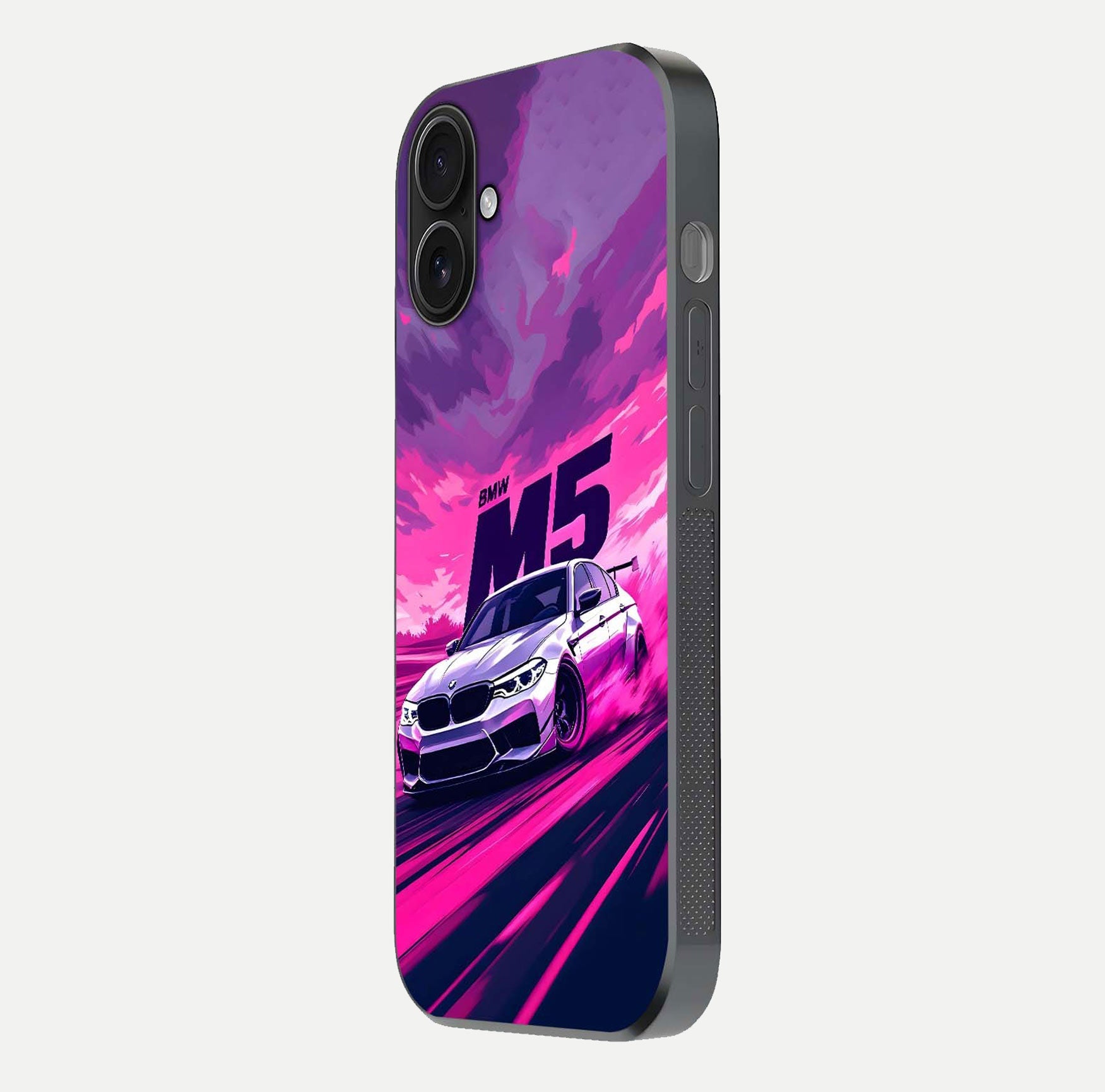 MS Neon Car Glass Case for iPhone 16 side-angle image showing glow reflection and car detailing