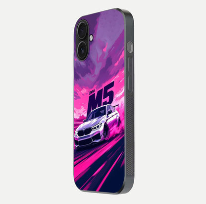 MS Neon Car Glass Case for iPhone 16 side-angle image showing glow reflection and car detailing