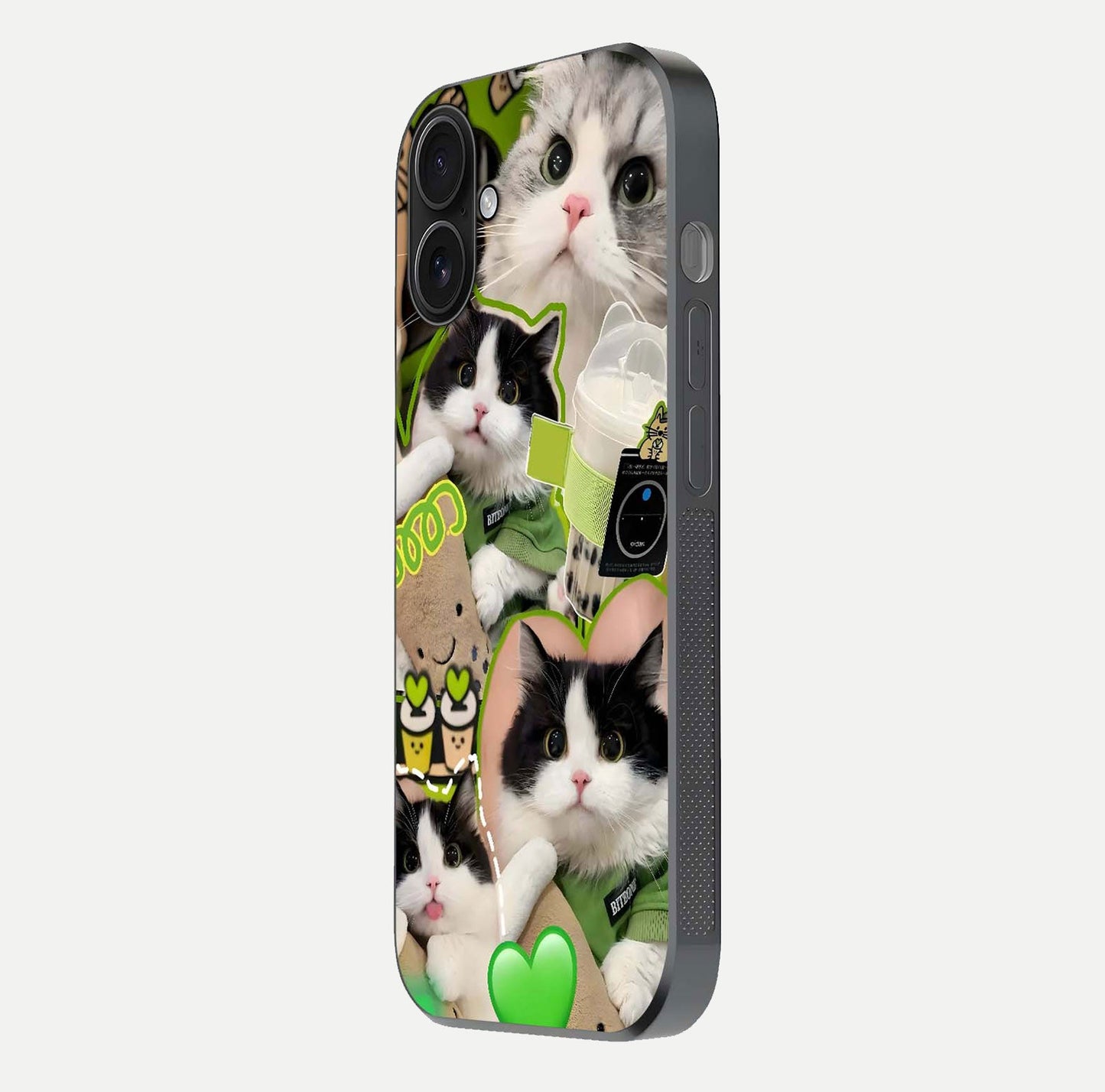 Matcha Cats Mood Glass Case for iPhone 16 side-angle image showing shine clarity and cat pattern charm