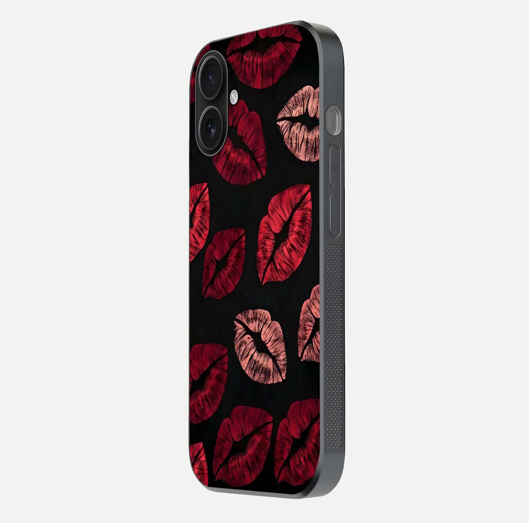 Midnight Kiss Love Glass Case for iPhone 16 side-angle image revealing gloss texture and deep love motif