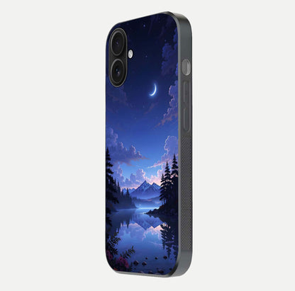 Midnight Lake Peace Glass Case for iPhone 16 side-angle image showing HD shine and tranquil color tones