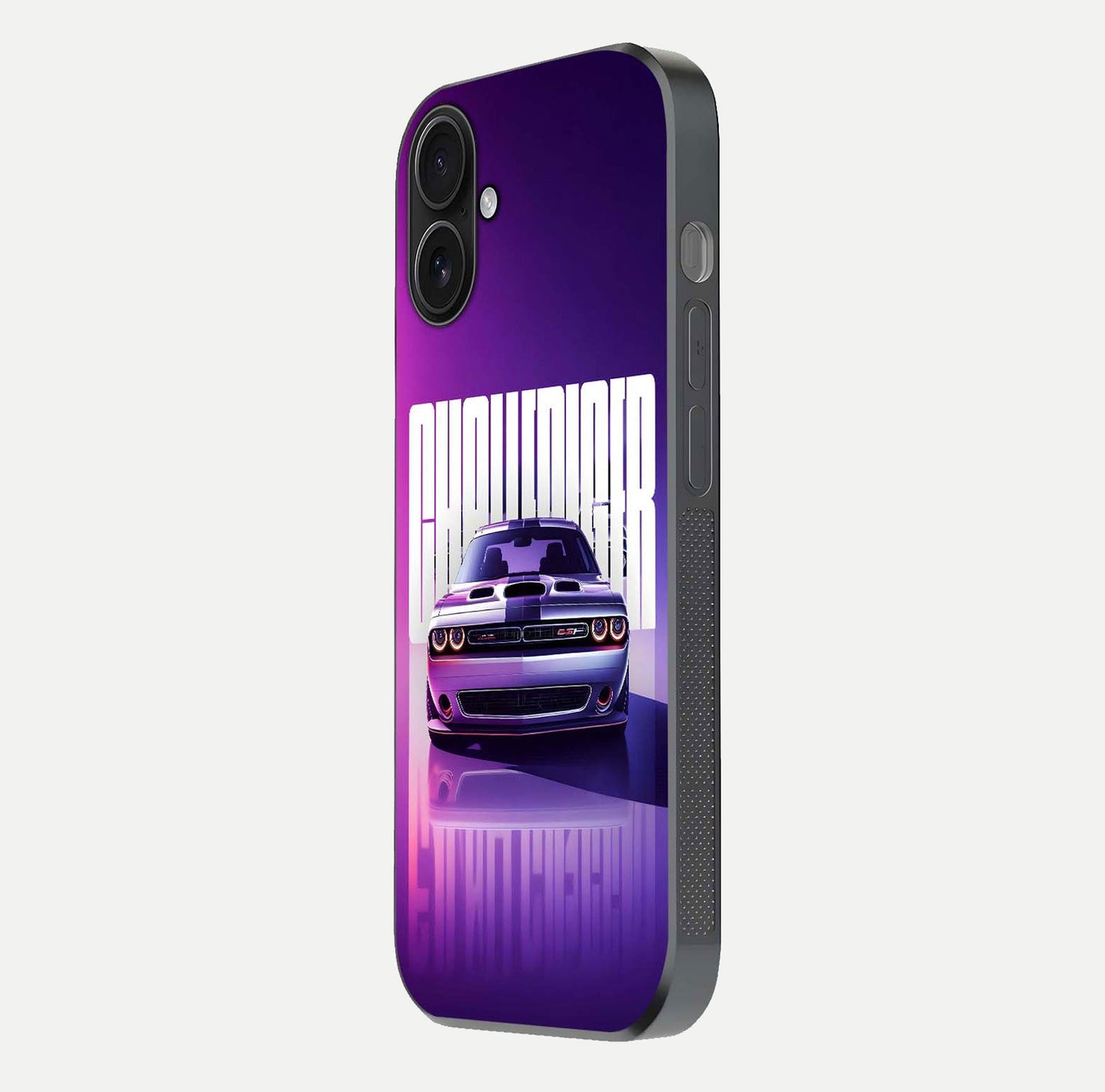 Midnight Muscle Ride Glass Case for iPhone 16 side-angle image showing reflection clarity and bold design