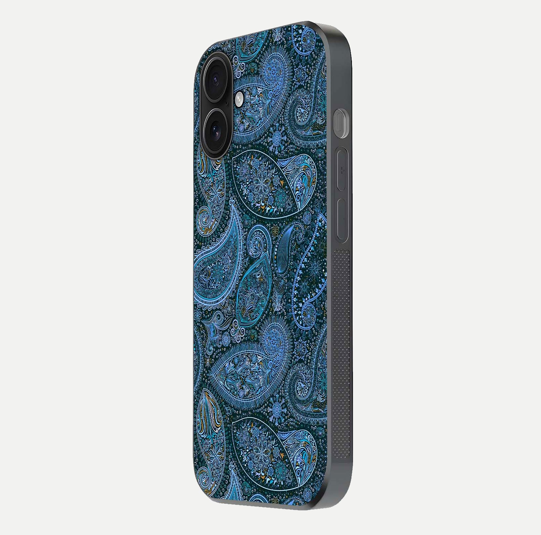 Midnight Paisley Glow Glass Case for iPhone 16 side-angle image revealing reflective gloss and paisley art