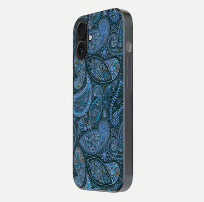 Midnight Paisley Glow Glass Case for iPhone 16 side-angle image revealing reflective gloss and paisley art