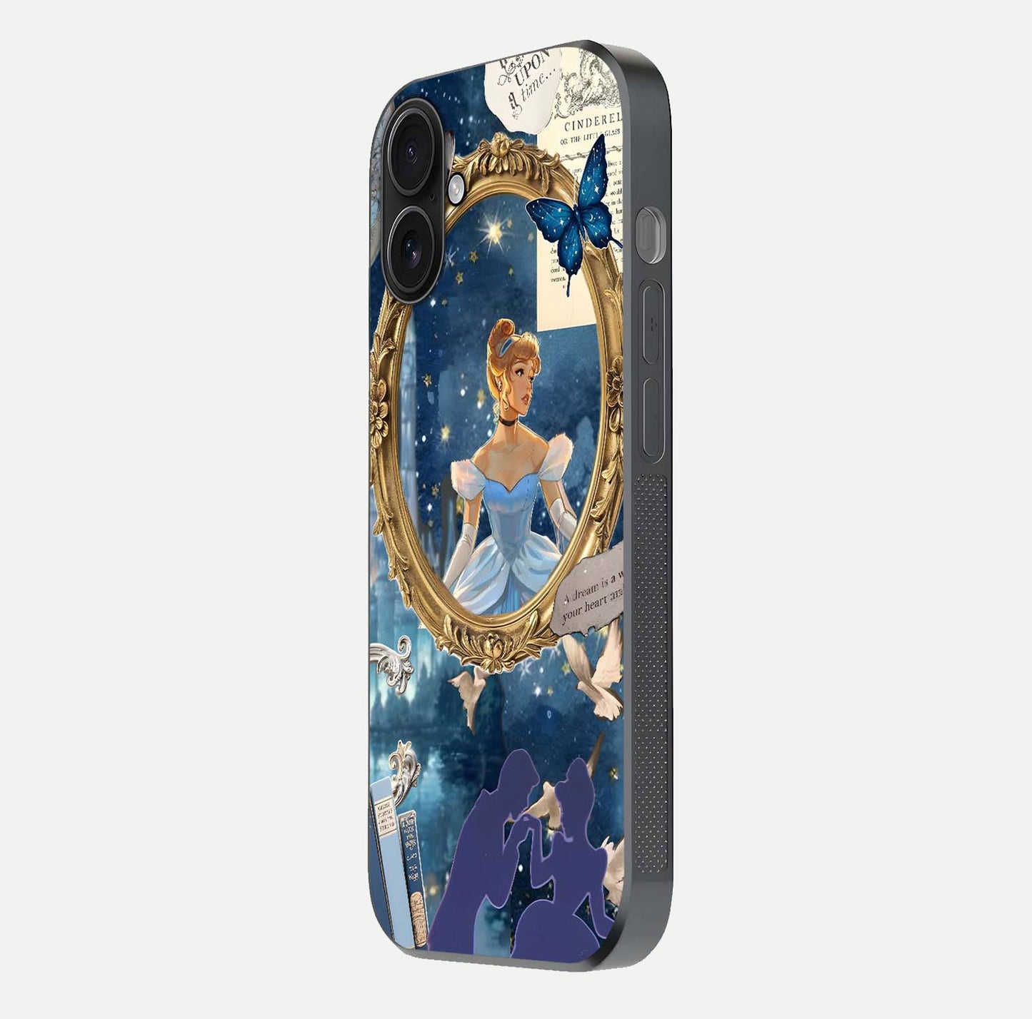 Midnight Queen Glass Case for iPhone 16 side-angle image showing reflection brightness and elegant tone