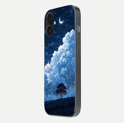 Midnight Sky Serenity Glass Case for iPhone 16 side-angle image showing soft glow and smooth reflection