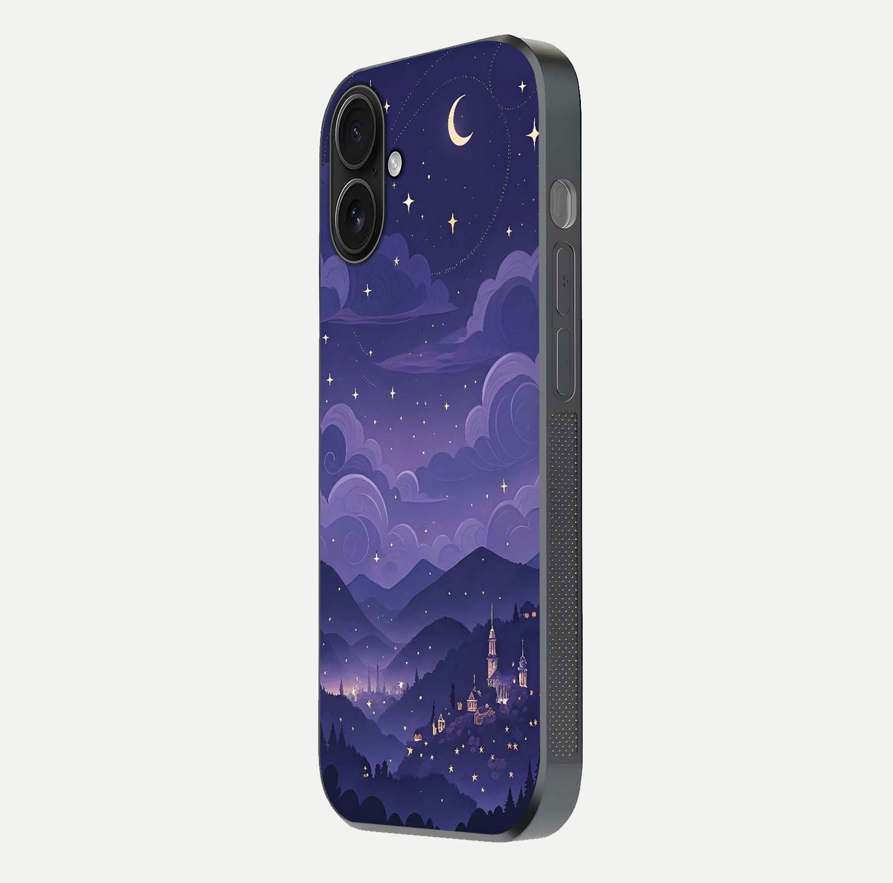 Minimal Night View Glass Case for iPhone 16 side-angle image showing subtle reflection and urban design