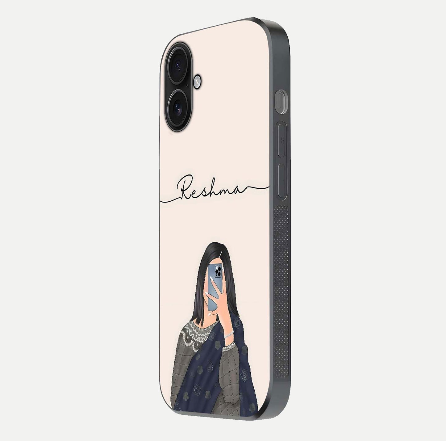 Mirror Mood Muse Custom Name Glass Case for iPhone 16 side-angle image emphasizing glossy mirror texture