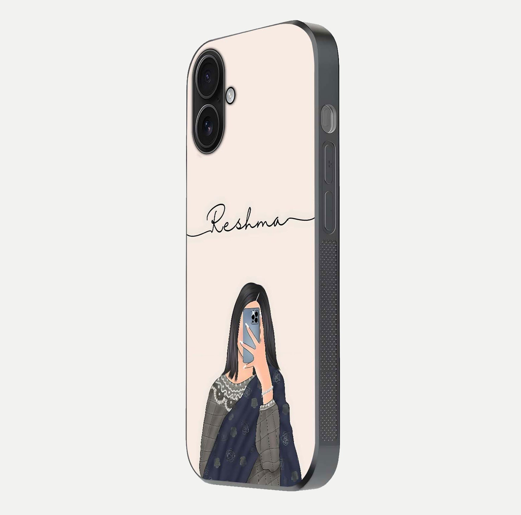 Mirror Mood Muse Custom Name Glass Case for iPhone 16 side-angle image emphasizing glossy mirror texture
