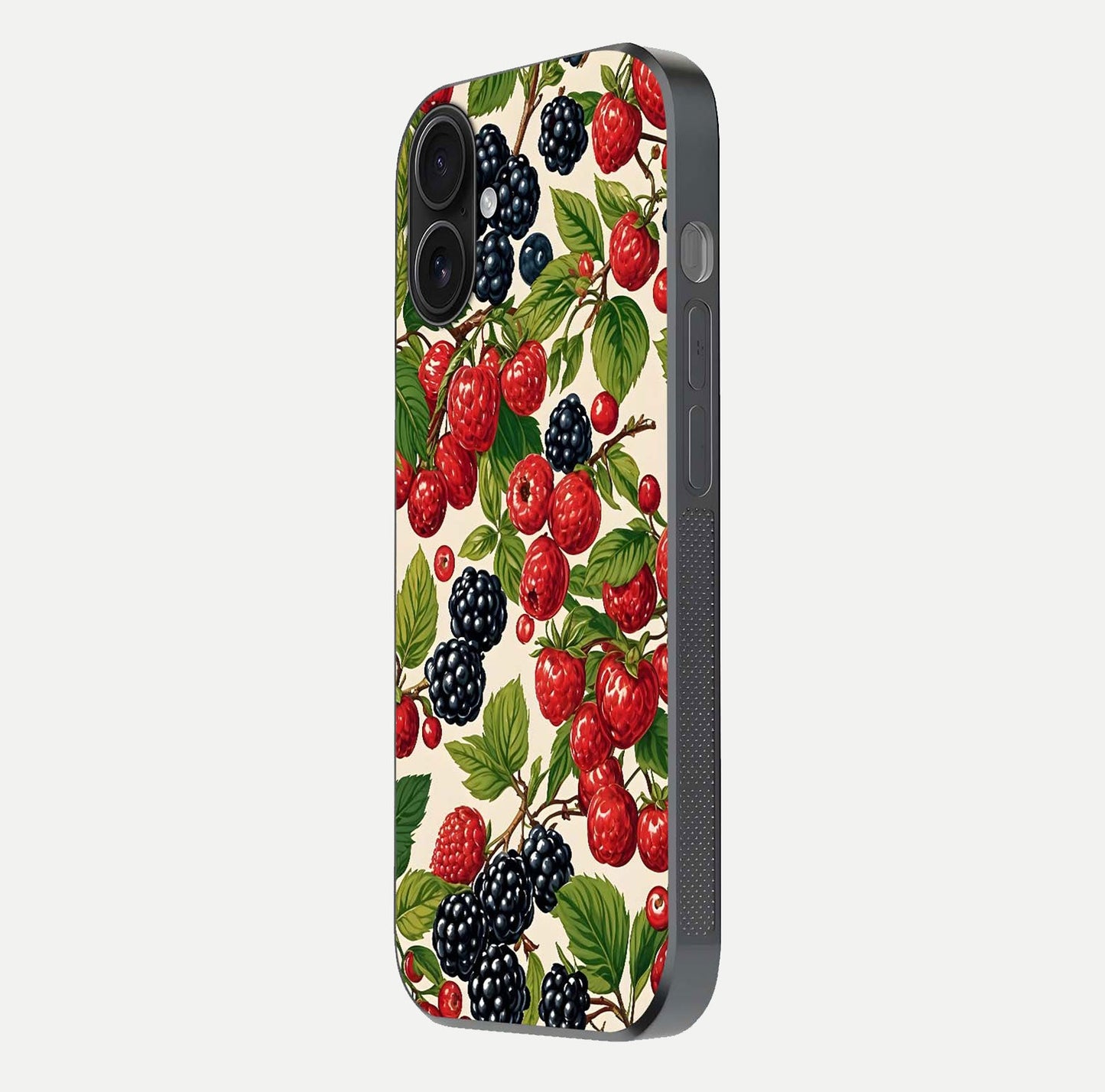 Mixed Berry Collage Glass Case for iPhone 16 side-angle image showing reflection and HD fruit texture