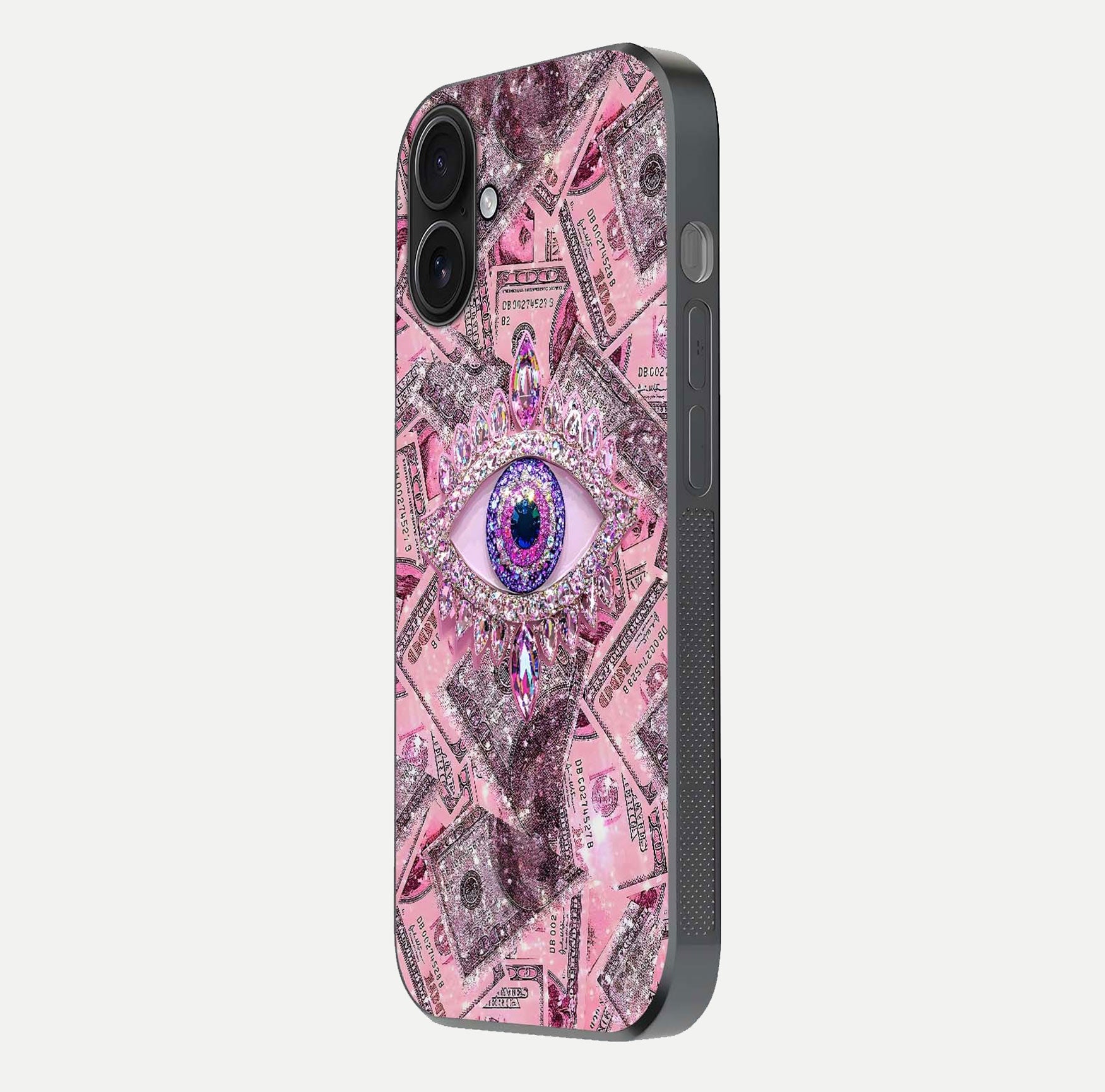 Money Eye Luxe Glass Case for iPhone 16 side-angle image showing HD reflection and luxury print clarity