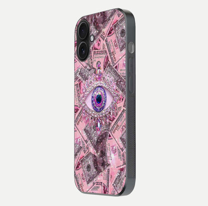 Money Eye Luxe Glass Case for iPhone 16 side-angle image showing HD reflection and luxury print clarity