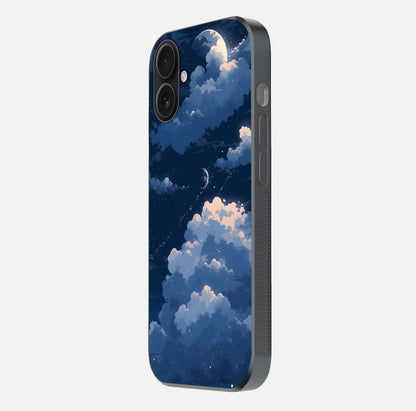 Moon Dream Haze Glass Case for iPhone 16 side-angle image showing HD reflection and moonlight detailing