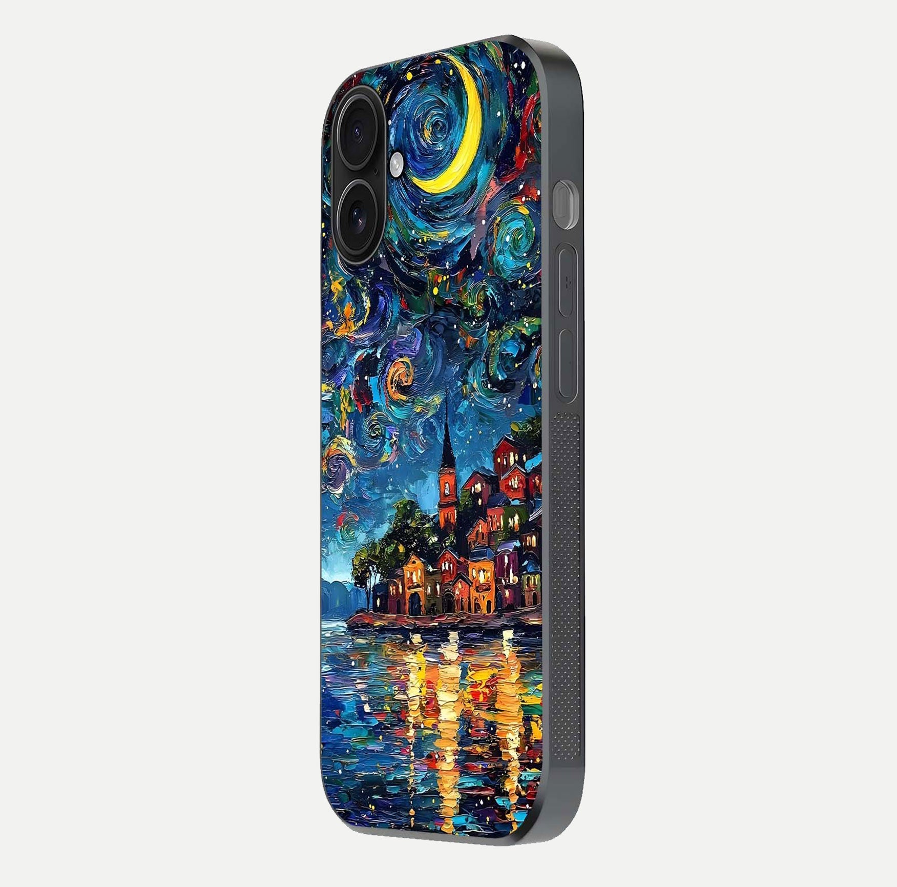 Moonlight Harbor Glow Glass Case for iPhone 16 side-angle image showing reflective surface and ocean tones