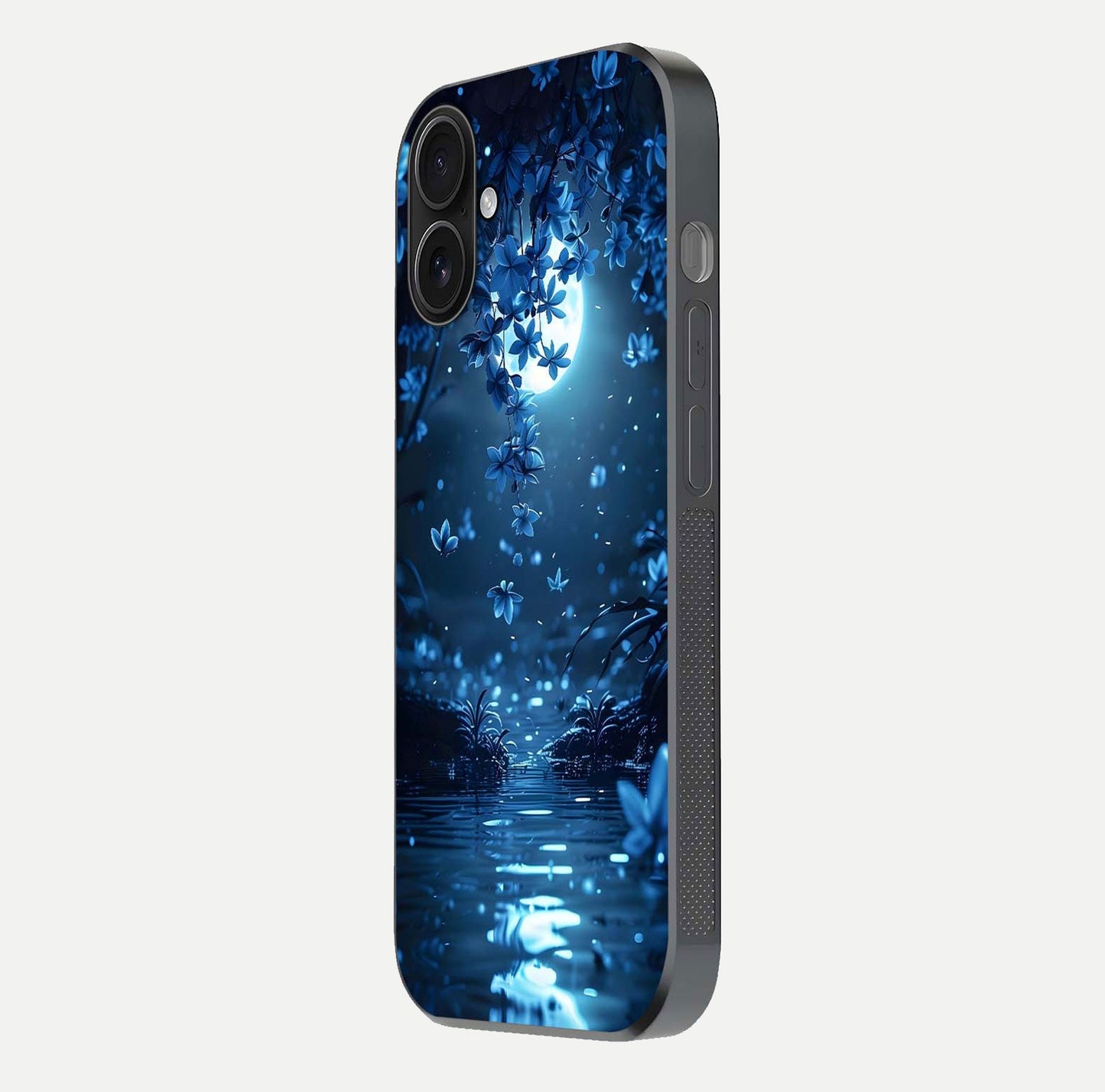Moonlight Petal Dream Glass Case for iPhone 16 side-angle image showing reflection and petal detail