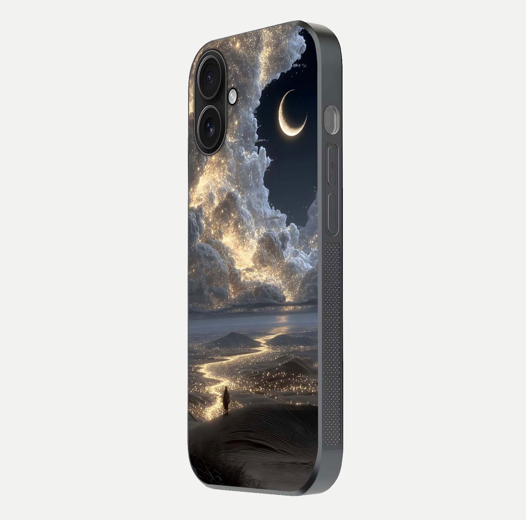 Moonlight Spark Path Glass Case for iPhone 16 side-angle image showing reflection and moonlit detail