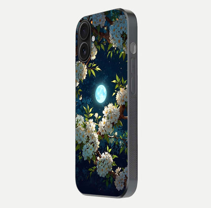 Moonlit Blossom Dream Glass Case for iPhone 16 side-angle image showing shine depth and flower glow