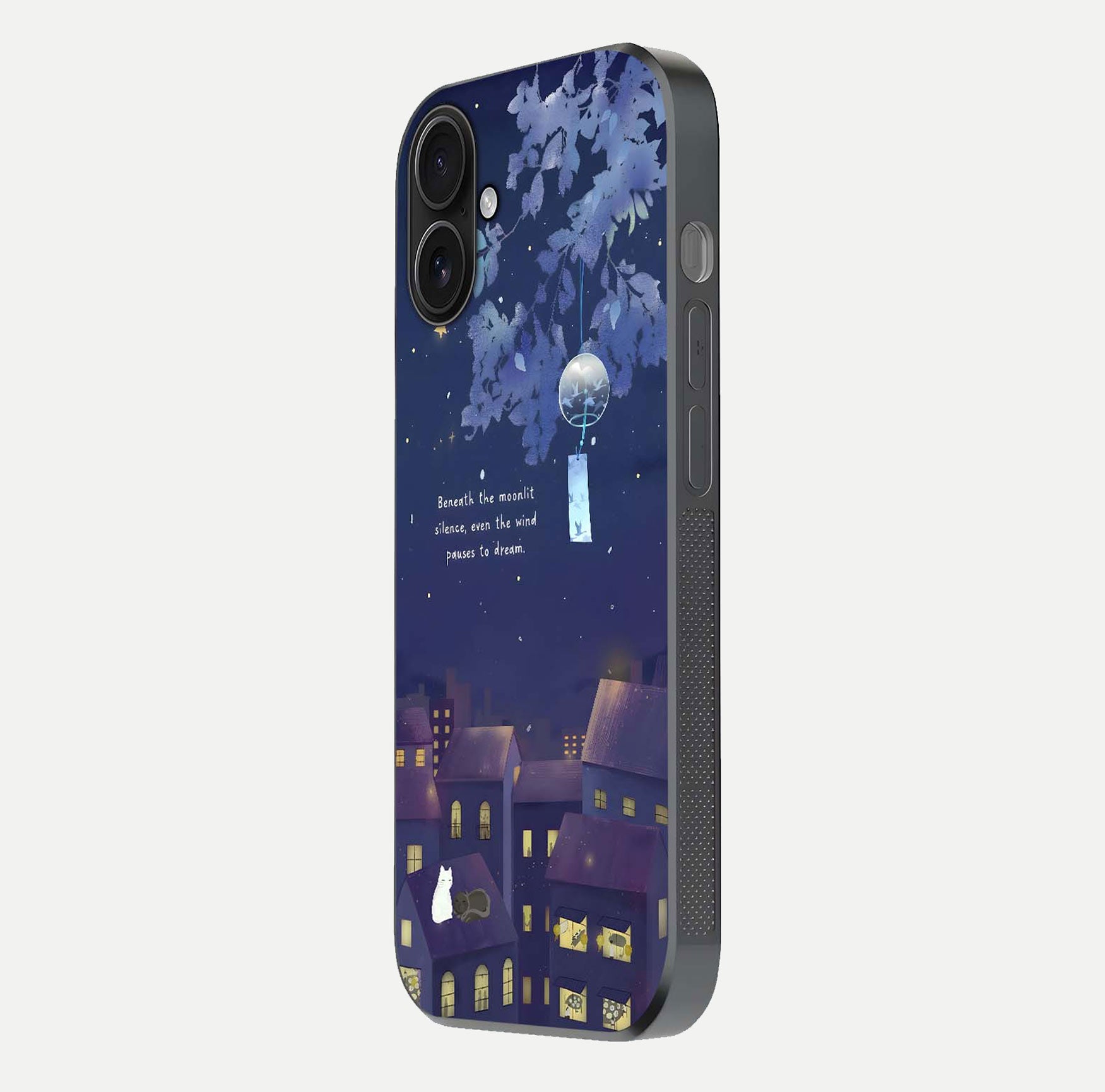 Moonlit Cat Silence Glass Case for iPhone 16 side-angle image showing HD gloss and feline artwork detail