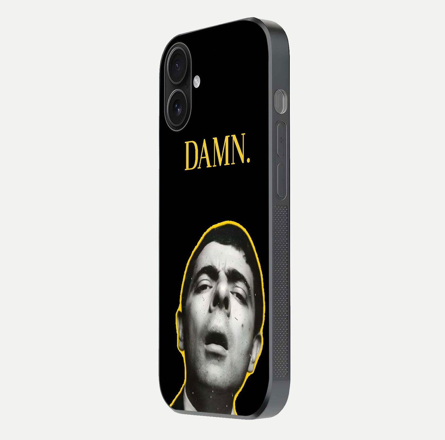 Mr Bean Damn Glass Case for iPhone 16 side-angle image emphasizing HD print clarity and playful theme
