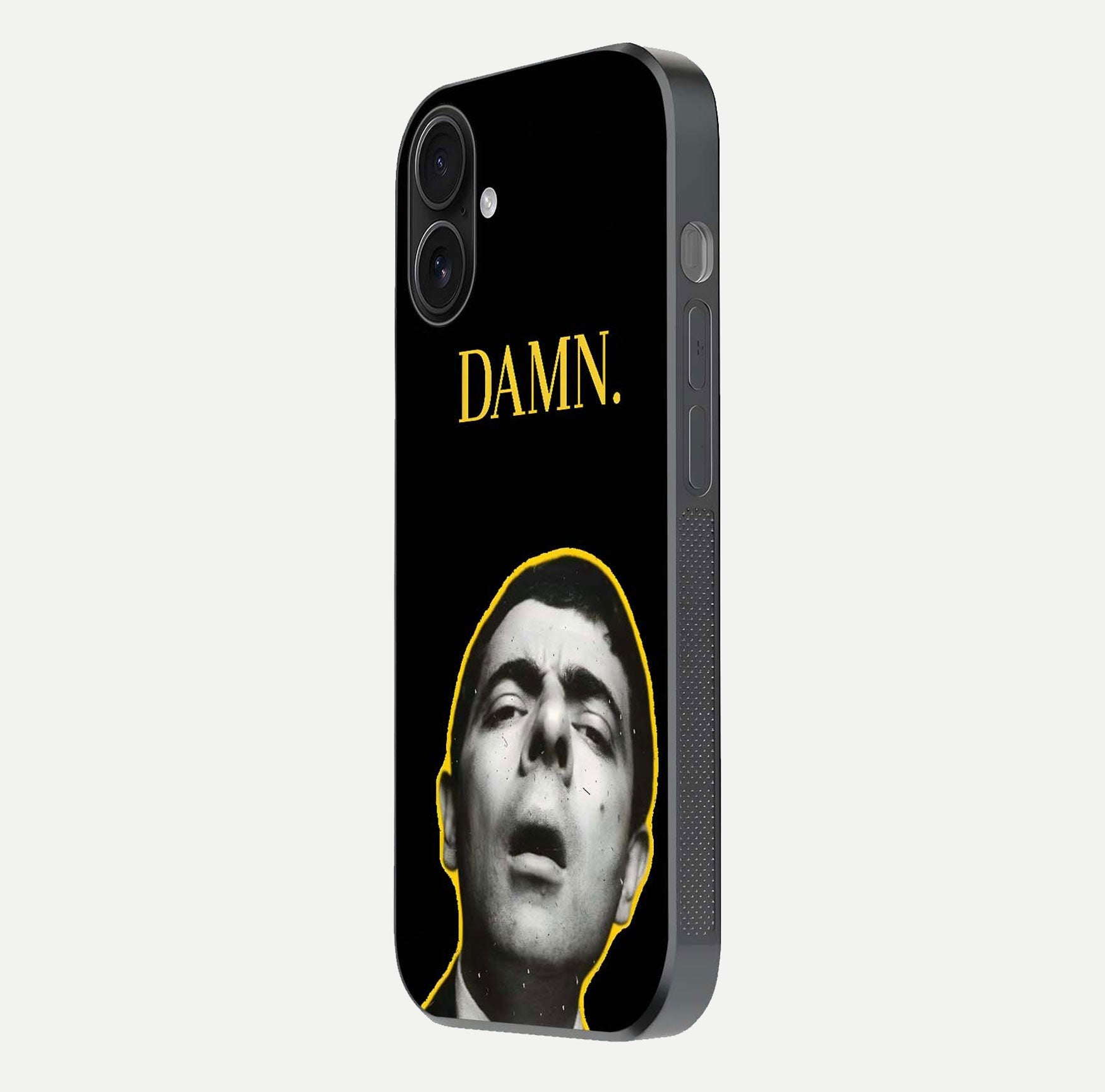 Mr Bean Damn Glass Case for iPhone 16 side-angle image emphasizing HD print clarity and playful theme