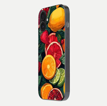 Multiple Fruits Glass Case for iPhone 16 side-angle image showing glossy surface and vivid fruit pattern
