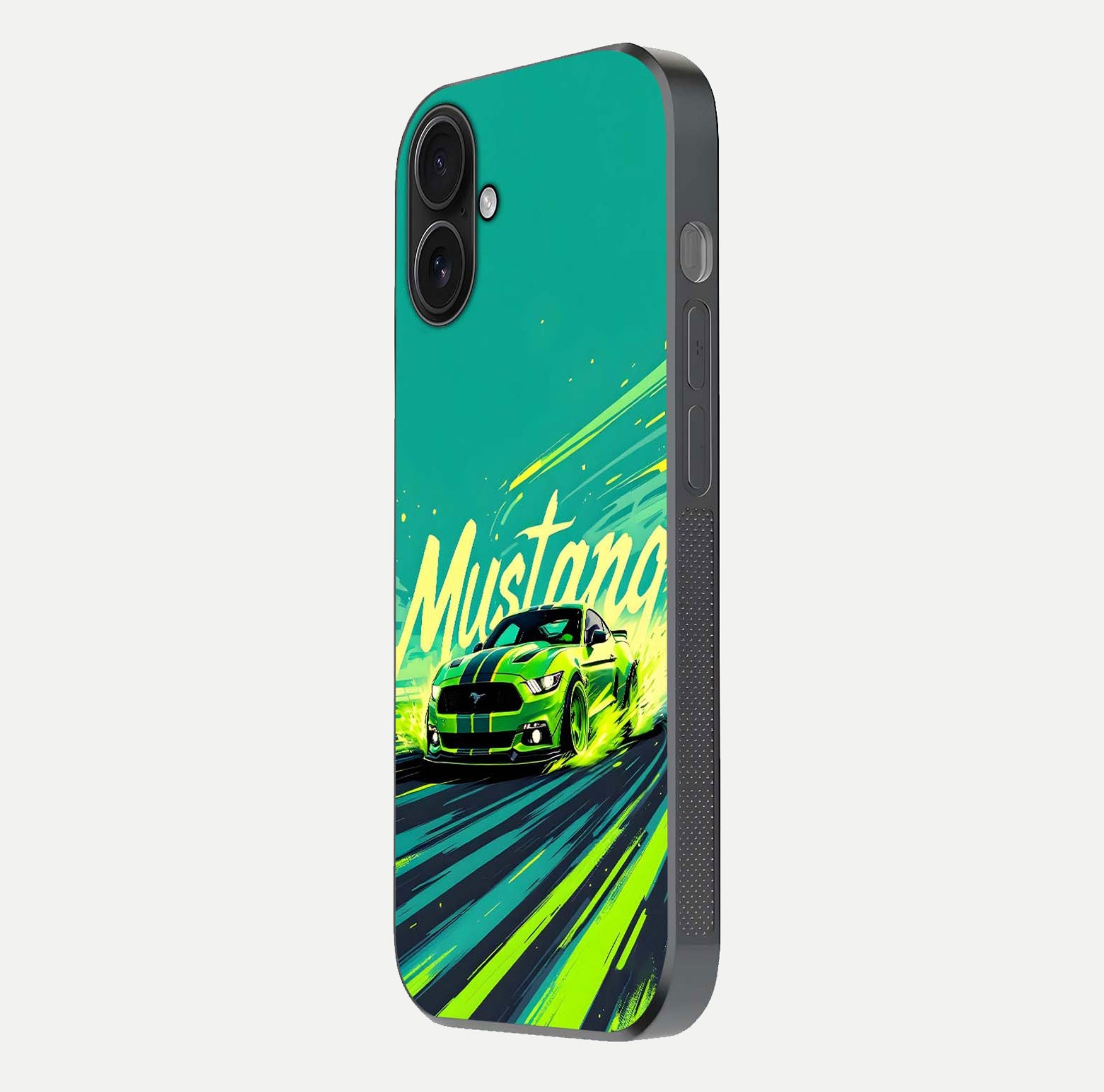 Mustang Bang Glass Case for iPhone 16 side-angle image showing reflection clarity and bold car artwork