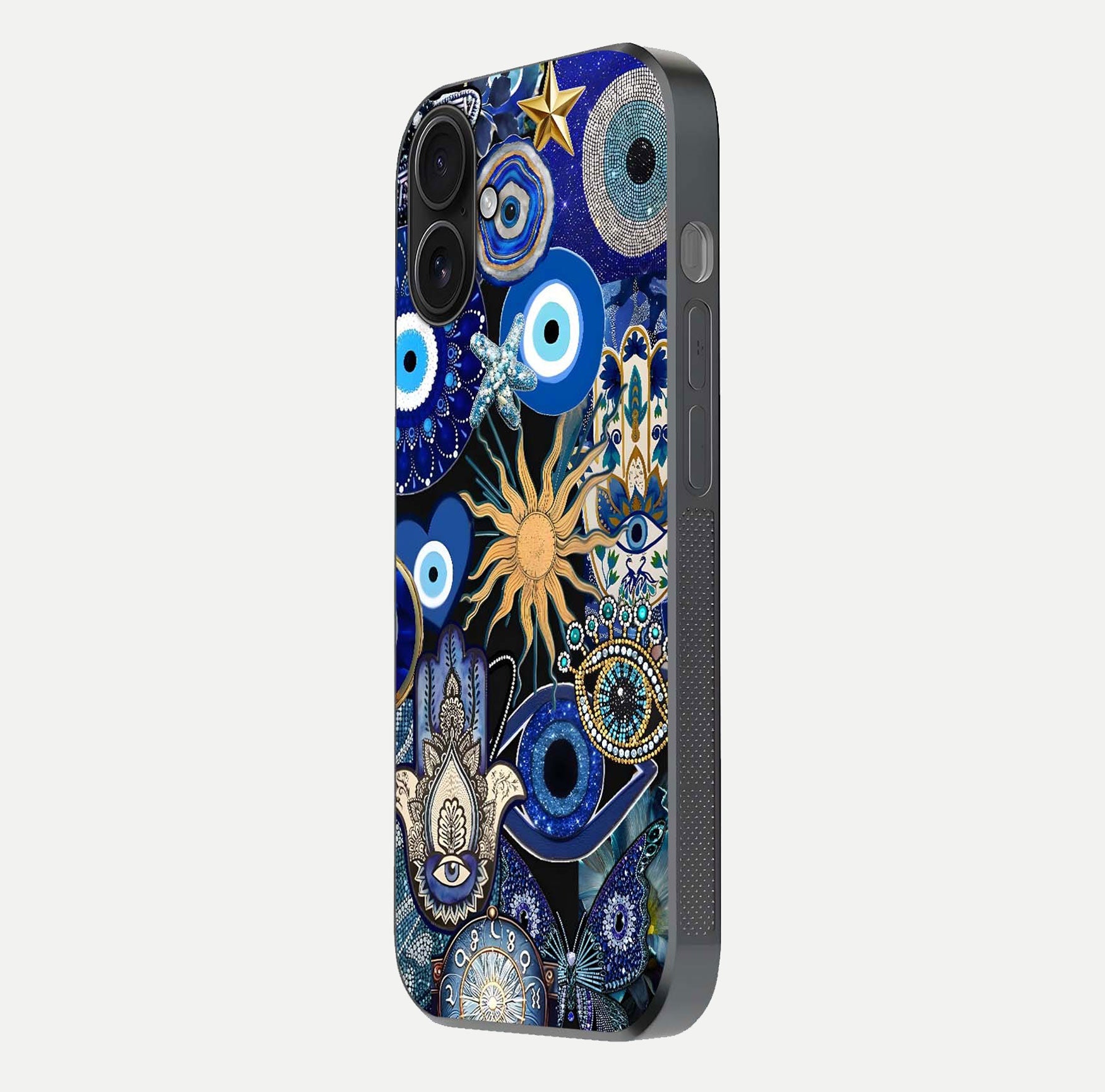 Mystic Blue Evil Eye Glass Case for iPhone 16 side-angle image showing smooth gloss and charm design
