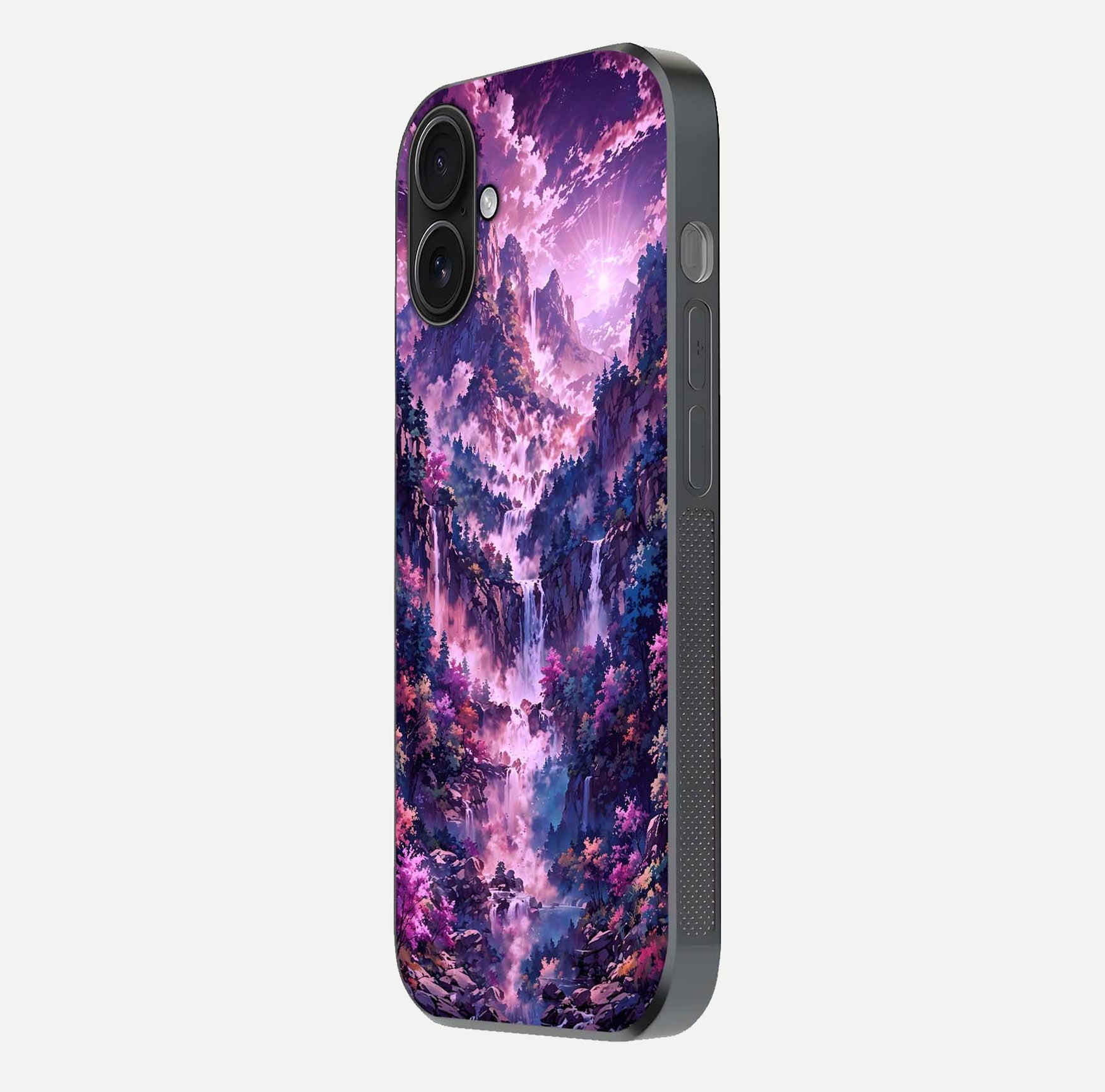 Mystic Cascade Peaks Glass Case for iPhone 16 side-angle image showing reflection and scenic art clarity