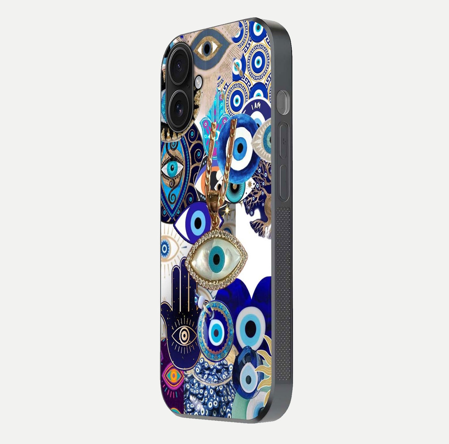 Mystic Charm Eye Glass Case for iPhone 16 side-angle image showing HD reflection and sacred tone