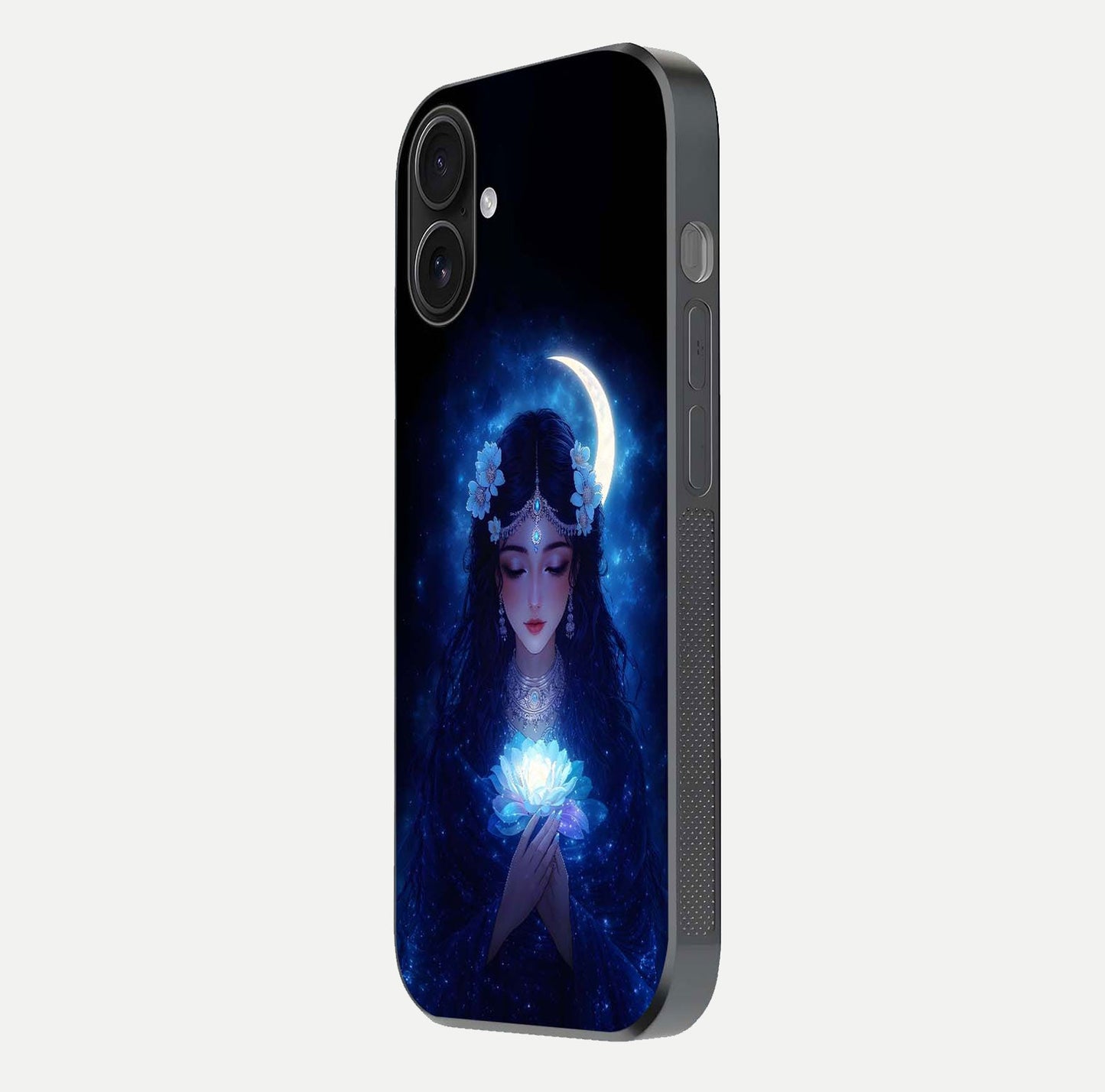 Mystic Moon Queen Glass Case for iPhone 16 side-angle image showing reflection and celestial details