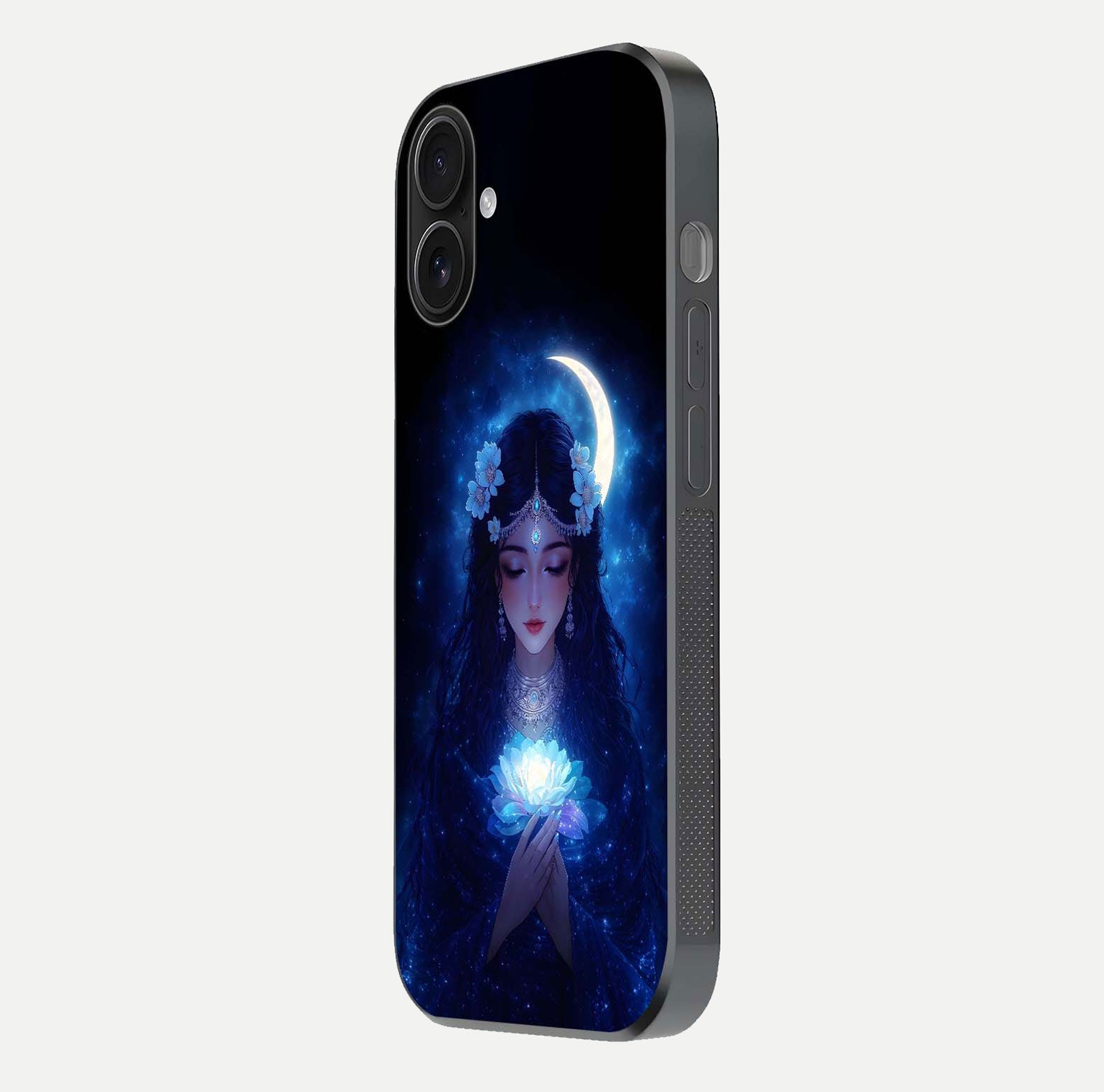 Mystic Moon Queen Glass Case for iPhone 16 side-angle image showing reflection and celestial details