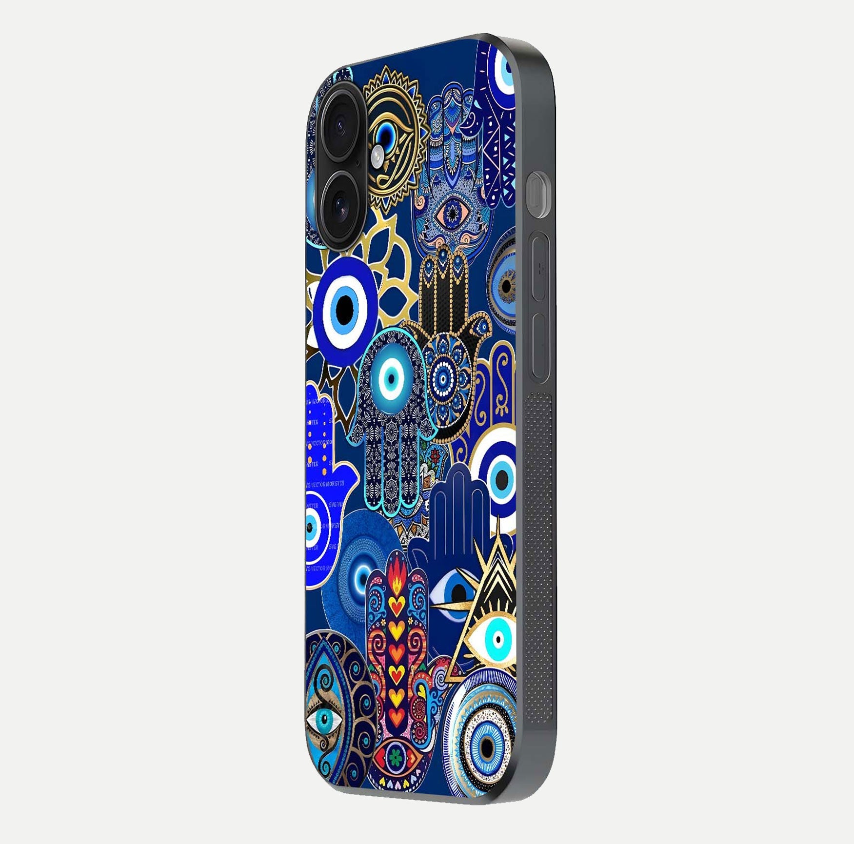 Mystic Palm Guard Glass Case for iPhone 16 side-angle image showing shine depth and sacred motif