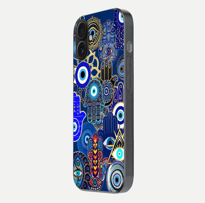 Mystic Palm Guard Glass Case for iPhone 16 side-angle image showing shine depth and sacred motif