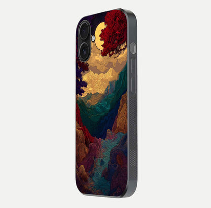Mystic Valley Light Glass Case for iPhone 16 side-angle image showing shine and peaceful hues