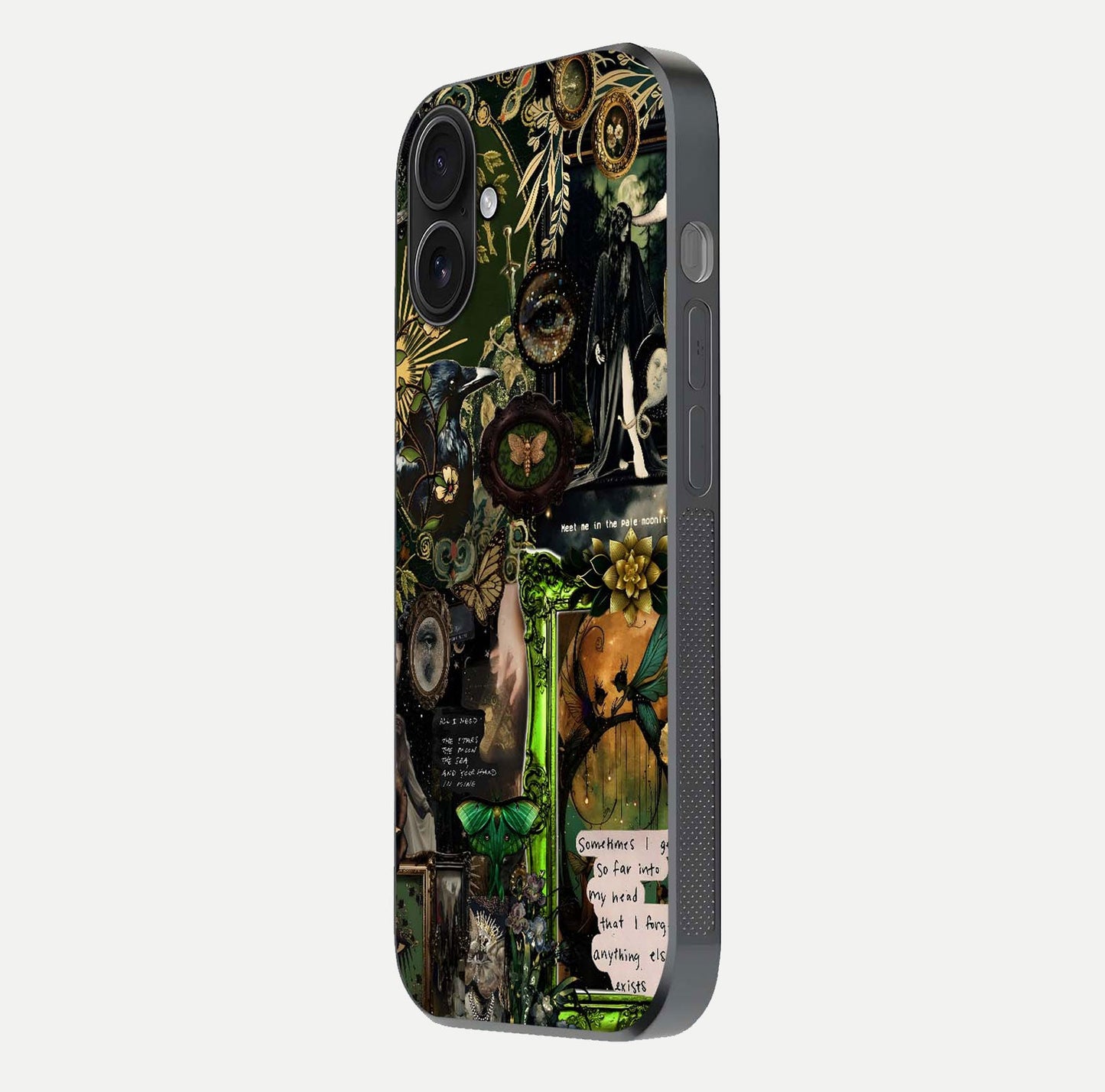 Mystic Woods Secret Glass Case for iPhone 16 side-angle image showing gloss reflection and forest pattern