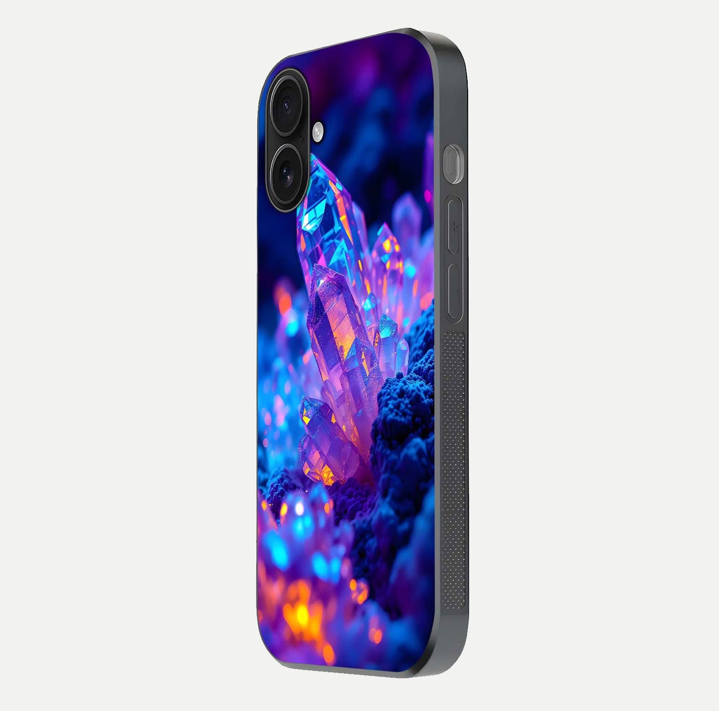 Neon Aura Shards Glass Case for iPhone 16 side-angle image showing light depth and glossy contrast