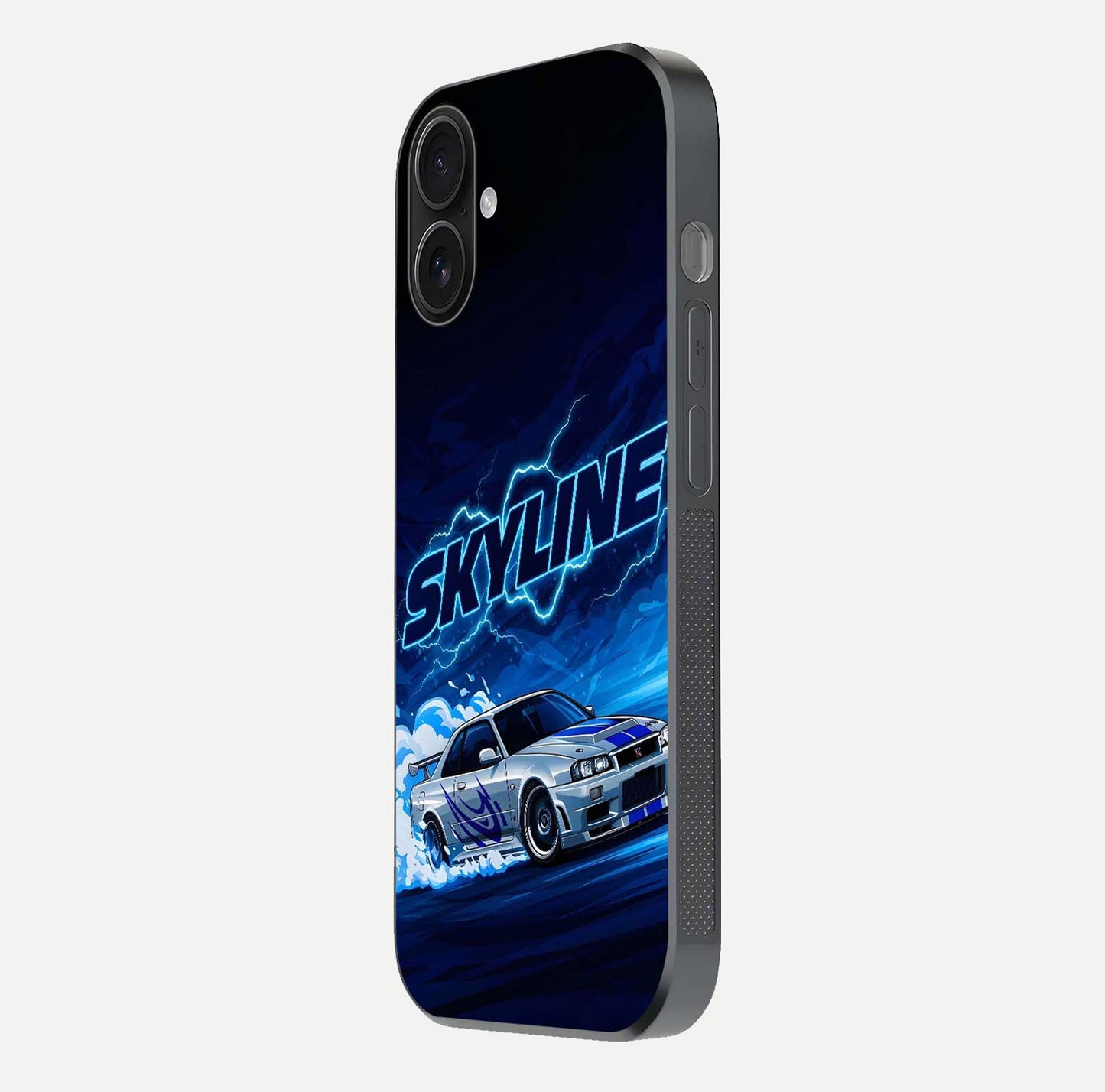 Neon Drift Beast Glass Case for iPhone 16 side-angle image showing reflection depth and bold neon tones