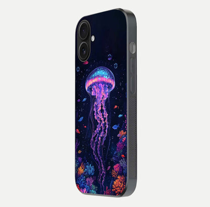 Neon Jellyfish Glass Case for iPhone 16 side-angle image showing reflection and oceanic light detailing