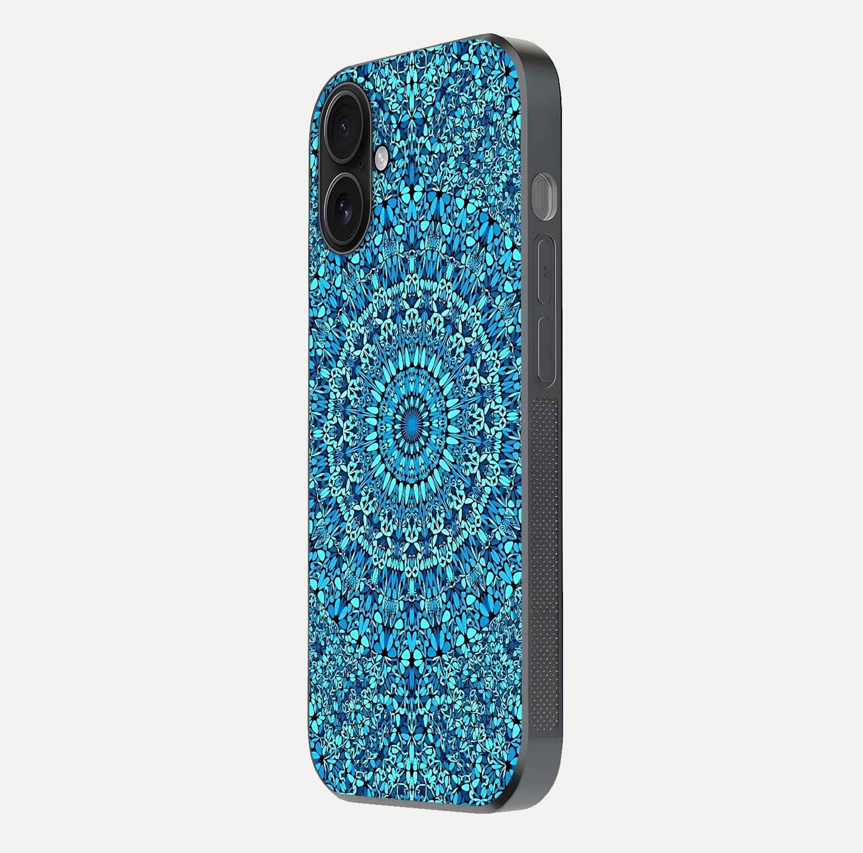 Ocean Bloom Mandala Glass Case for iPhone 16 side-angle image showing reflection and detailed floral pattern