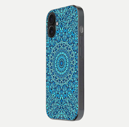 Ocean Bloom Mandala Glass Case for iPhone 16 side-angle image showing reflection and detailed floral pattern
